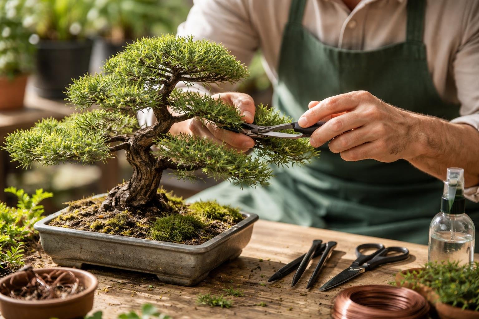 Ein Gärtner schneidet sorgfältig die Äste eines Bonsai-Baums mit einer Schere.