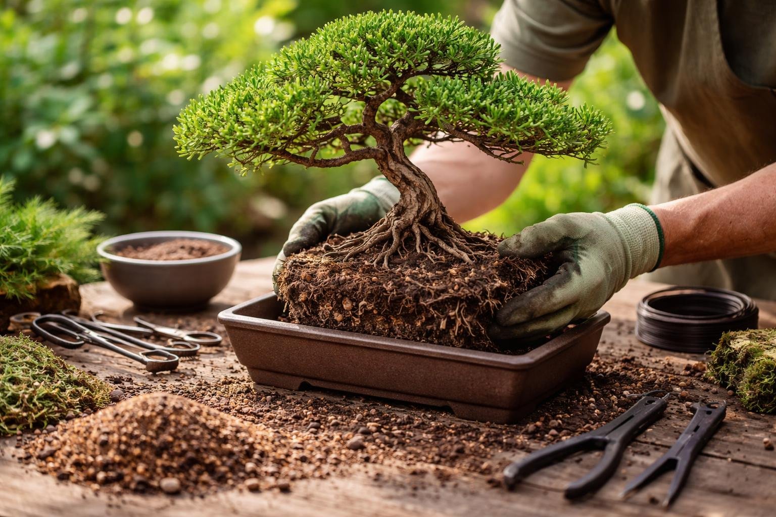 Ein Gärtner topft einen Bonsai mit dichten Wurzeln in einen neuen Topf.