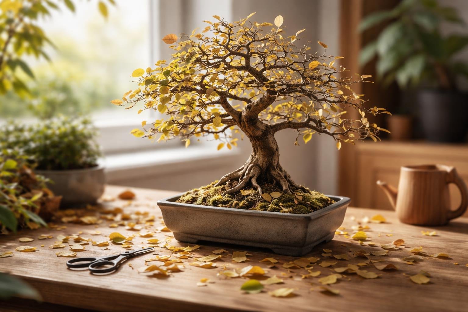 Ein Bonsai mit gelben Blättern steht auf einem Tisch, umgeben von herabgefallenen Blättern.