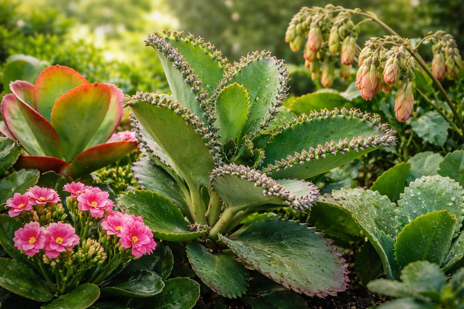 Eine Gruppe von Brutblättern mit kleinen Pflänzchen und bunten Blüten.