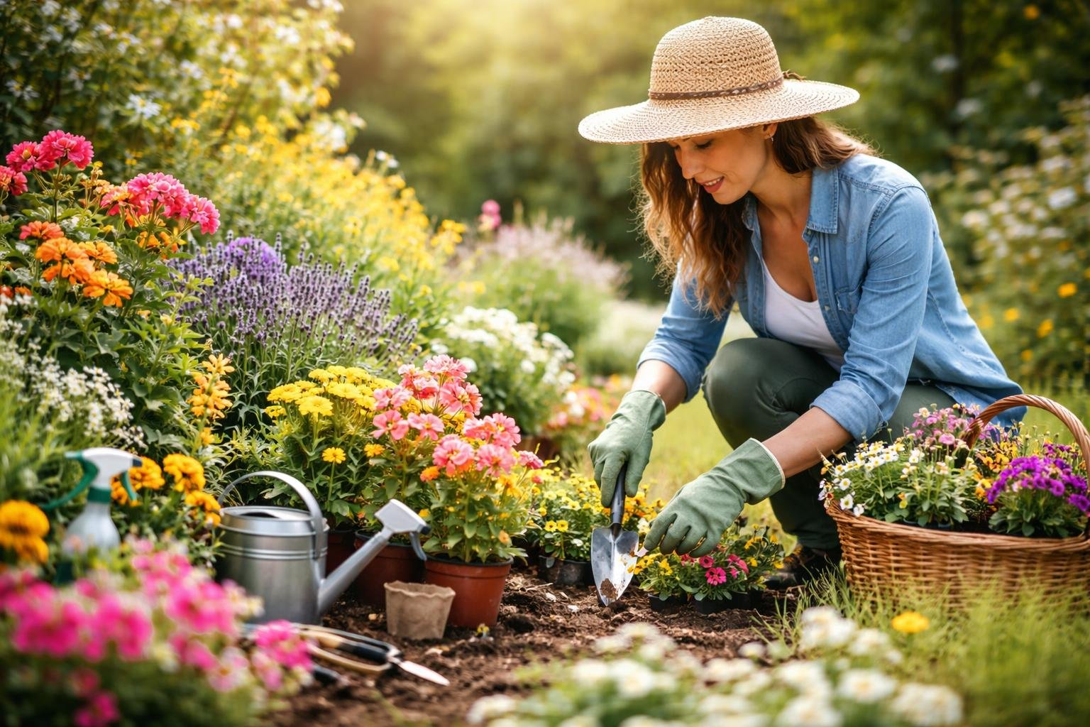 Eine Gärtnerin pflegt bunte Blumen in einem sonnigen Garten.