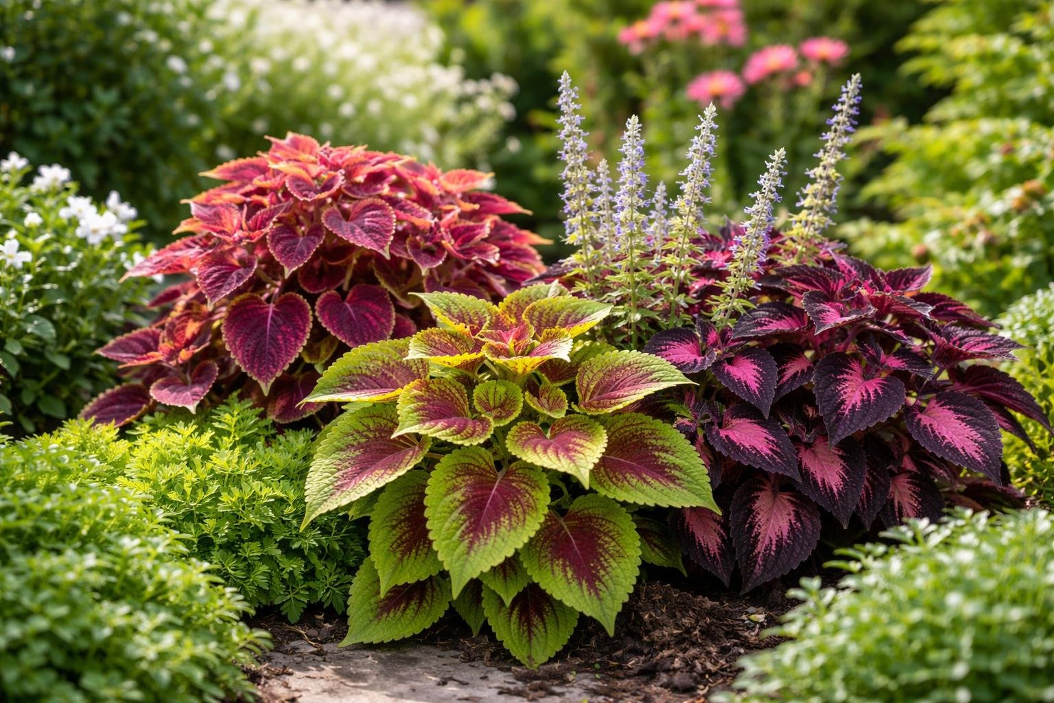Bunte Buntnessel-Pflanzen mit leuchtenden Blättern in einem Garten.