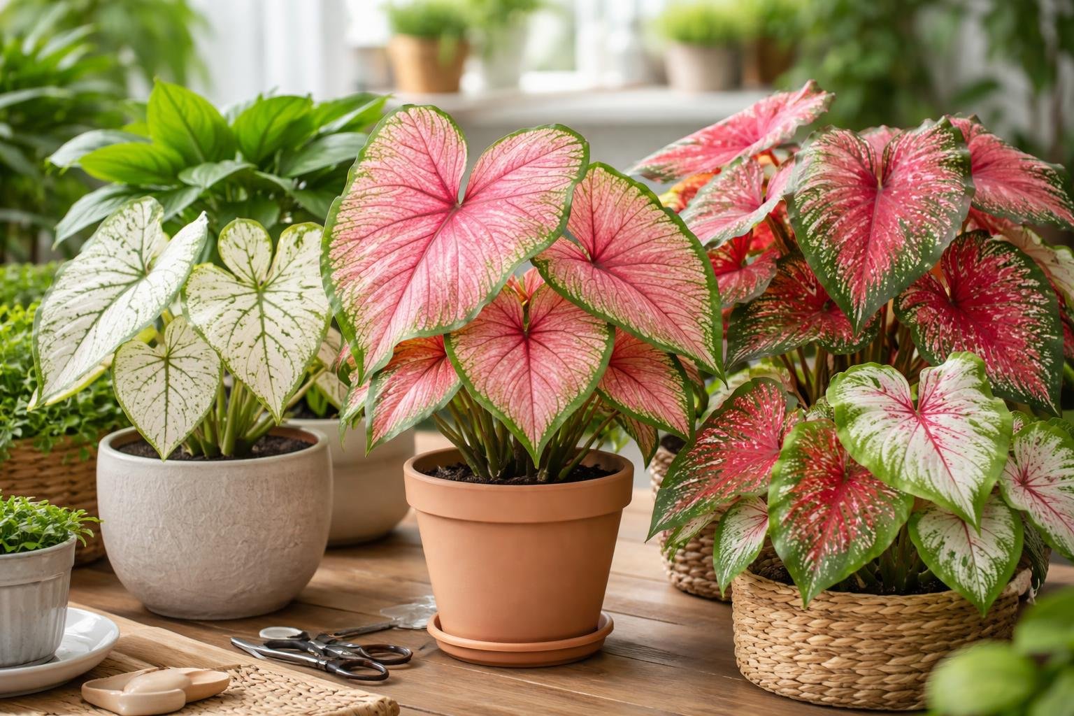 Bunte Caladium-Pflanzen mit herzförmigen Blättern in verschiedenen Farben stehen auf einem Tisch.
