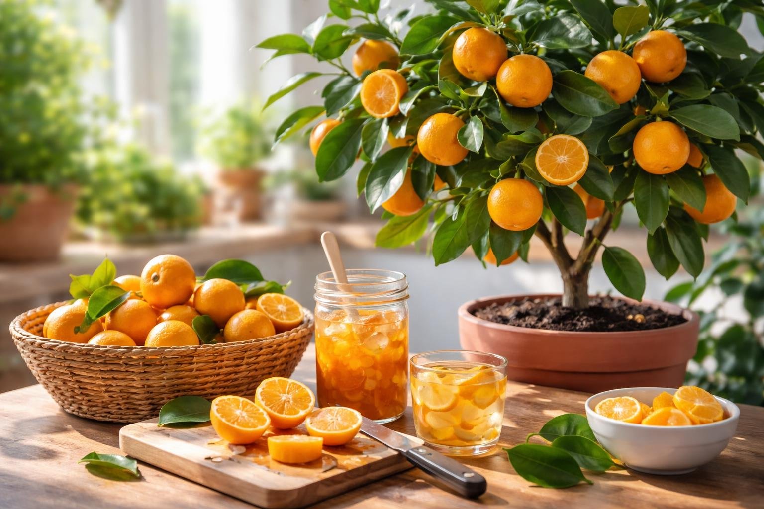 Ein Calamondinbaum mit reifen Früchten, frischen geschnittenen Früchten und Marmelade auf einem Tisch.