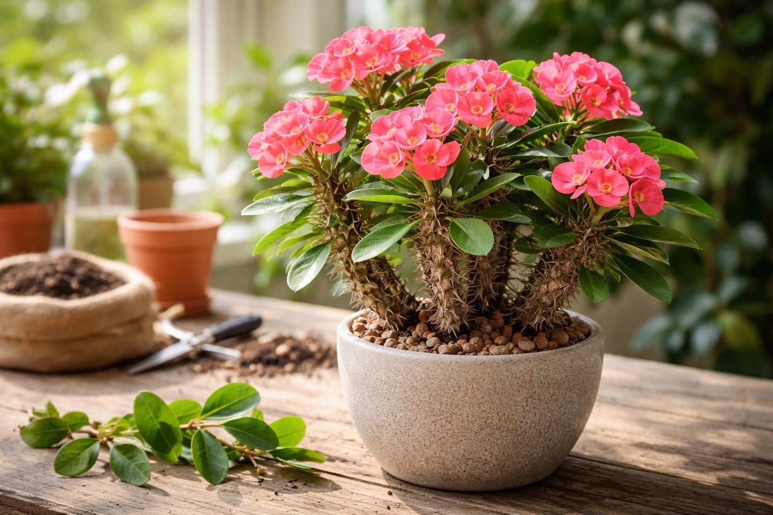 Euphorbia milii mit rosa Blüten in einem Topf auf einem Holztisch.