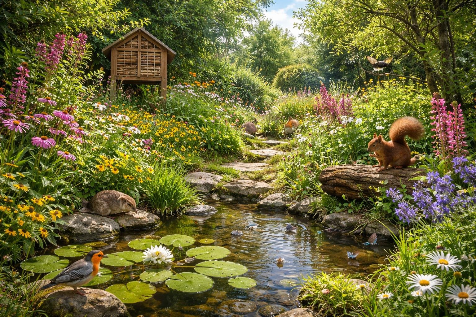 Ein idyllischer Naturgarten mit bunten Blumen, einem Teich und Tieren wie einem Eichhörnchen und einem Vogel.