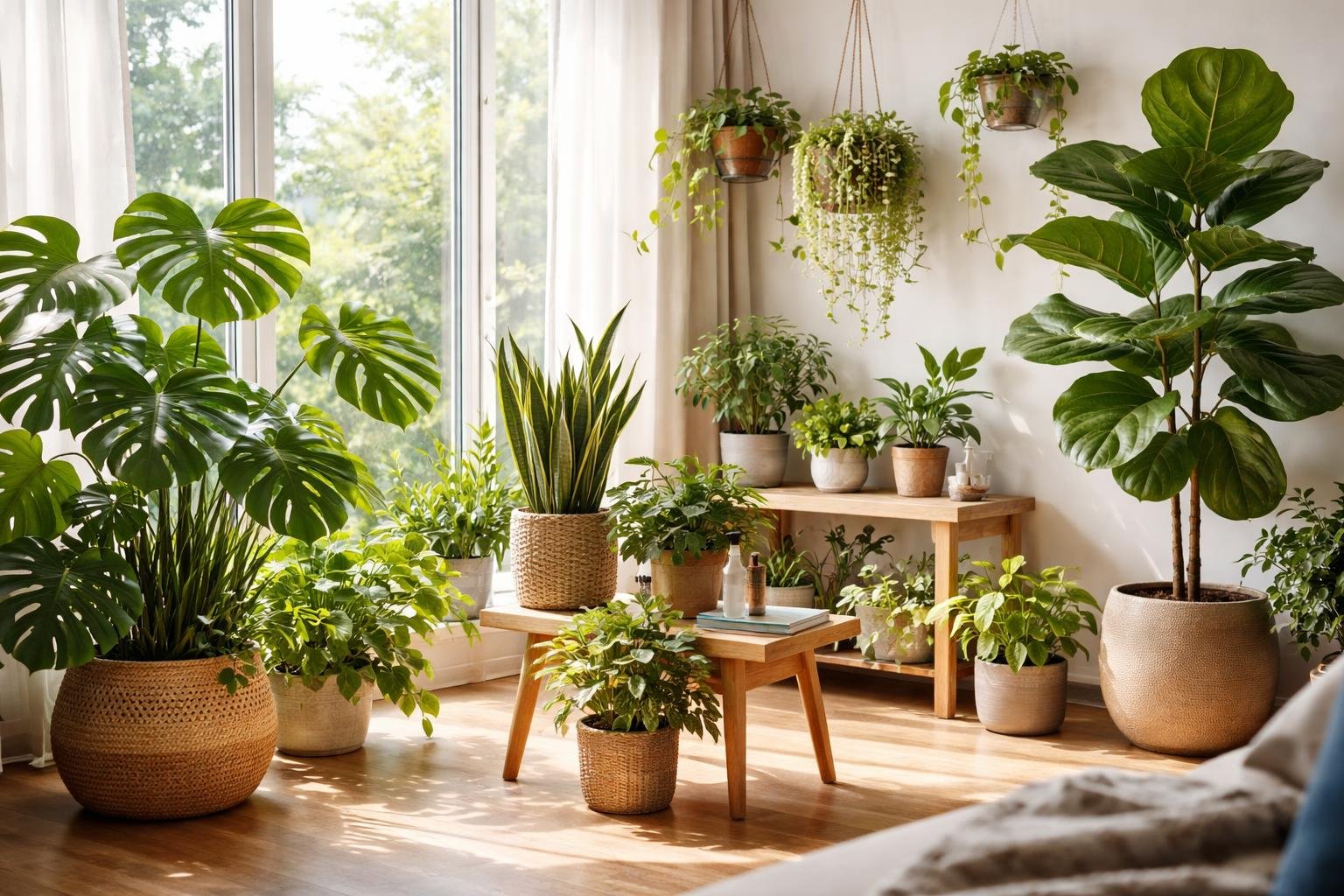 Helle Zimmerpflanzen in dekorativen Töpfen vor einem großen Fenster.