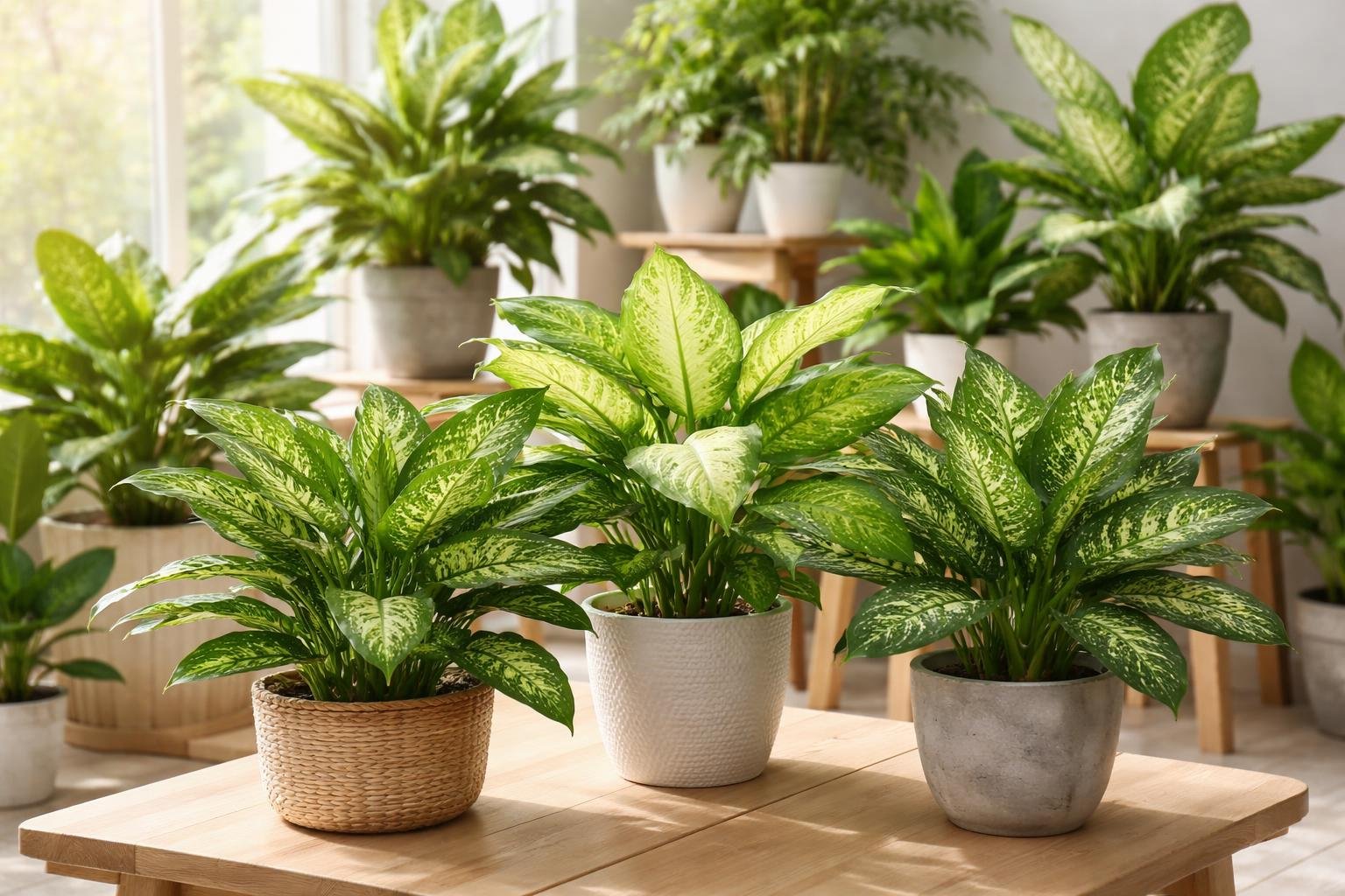Drei verschiedene Dieffenbachien in dekorativen Töpfen auf einem Tisch.