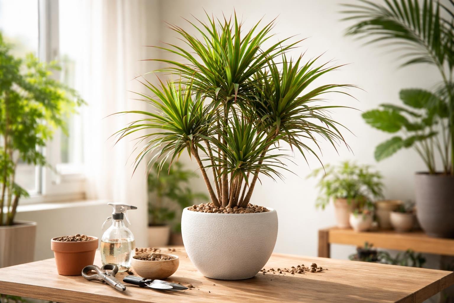 Ein Drachenbaum in einem modernen Topf steht auf einem Tisch, umgeben von Pflegeutensilien.