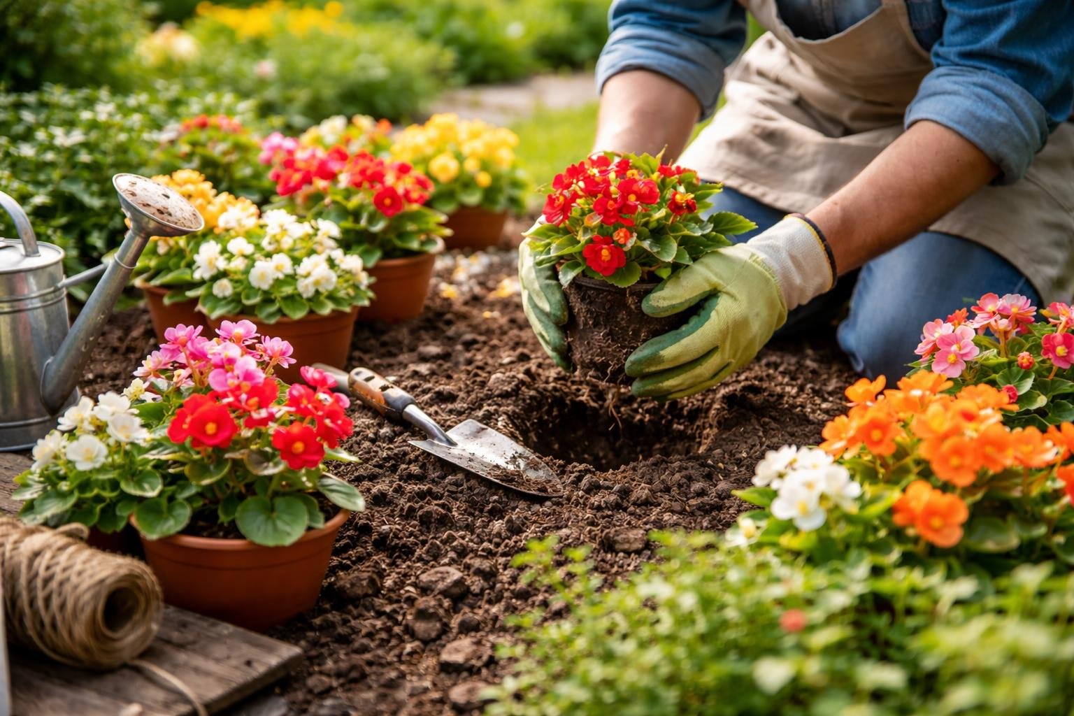 Ein Gärtner pflanzt bunte Eisbegonien in die Erde.