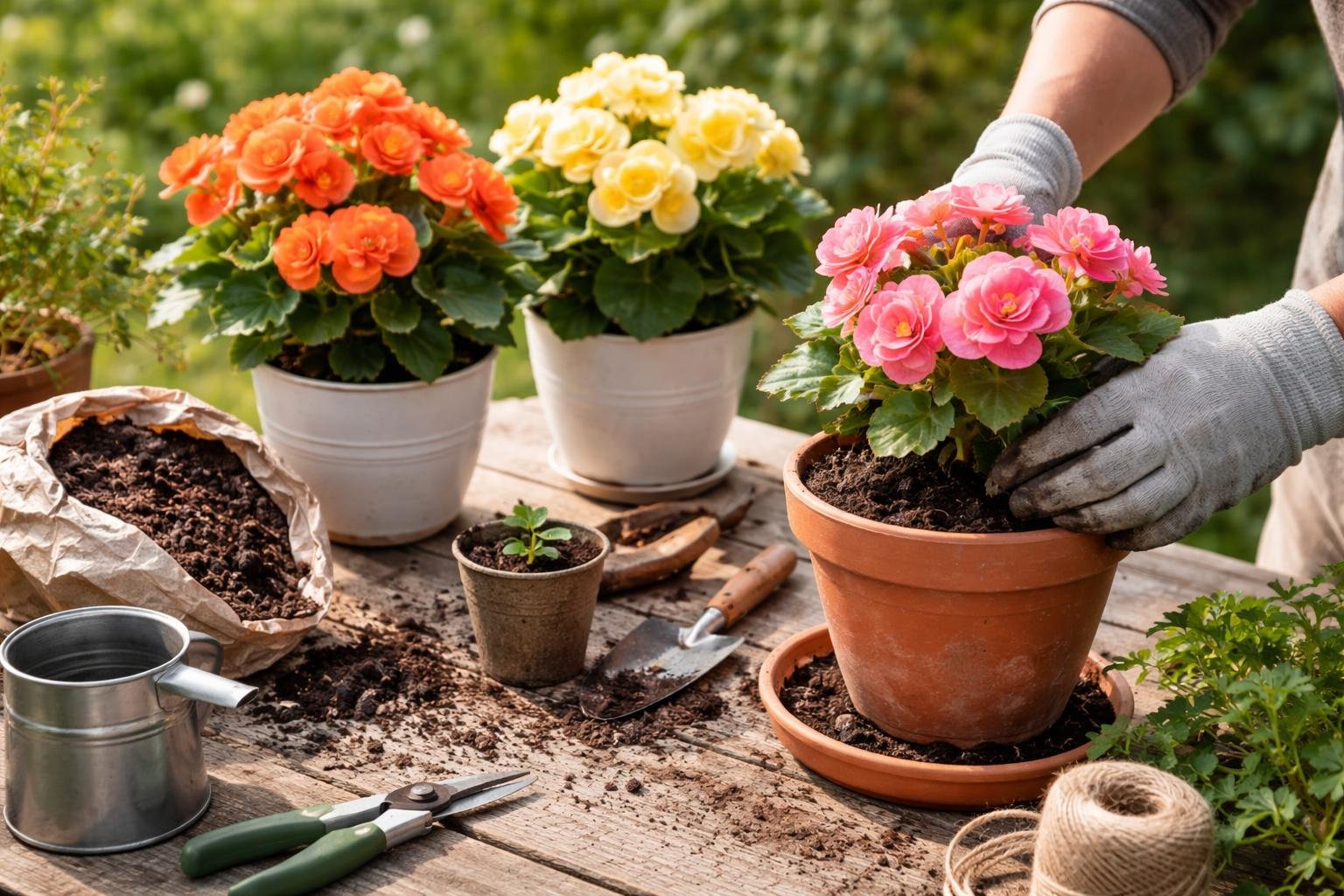Ein Gärtner pflanzt Elatior-Begonien in einen Blumentopf mit Erde.