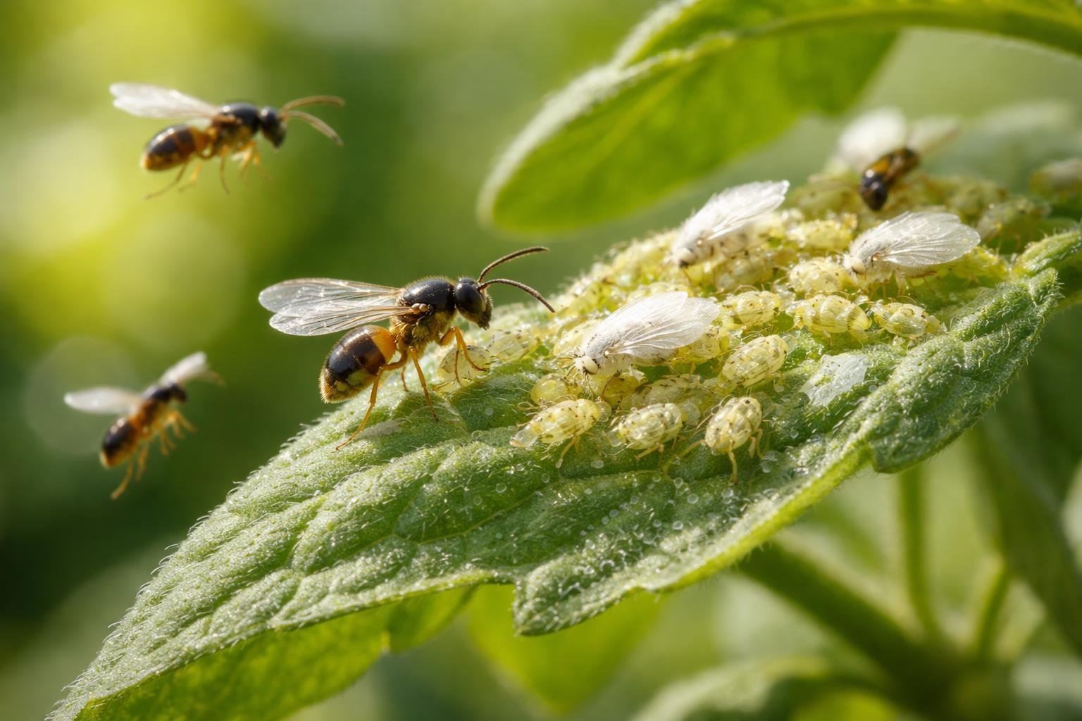 Eine Encarsia formosa Schlupfwespe auf einem Blatt mit weißen Fliegen.