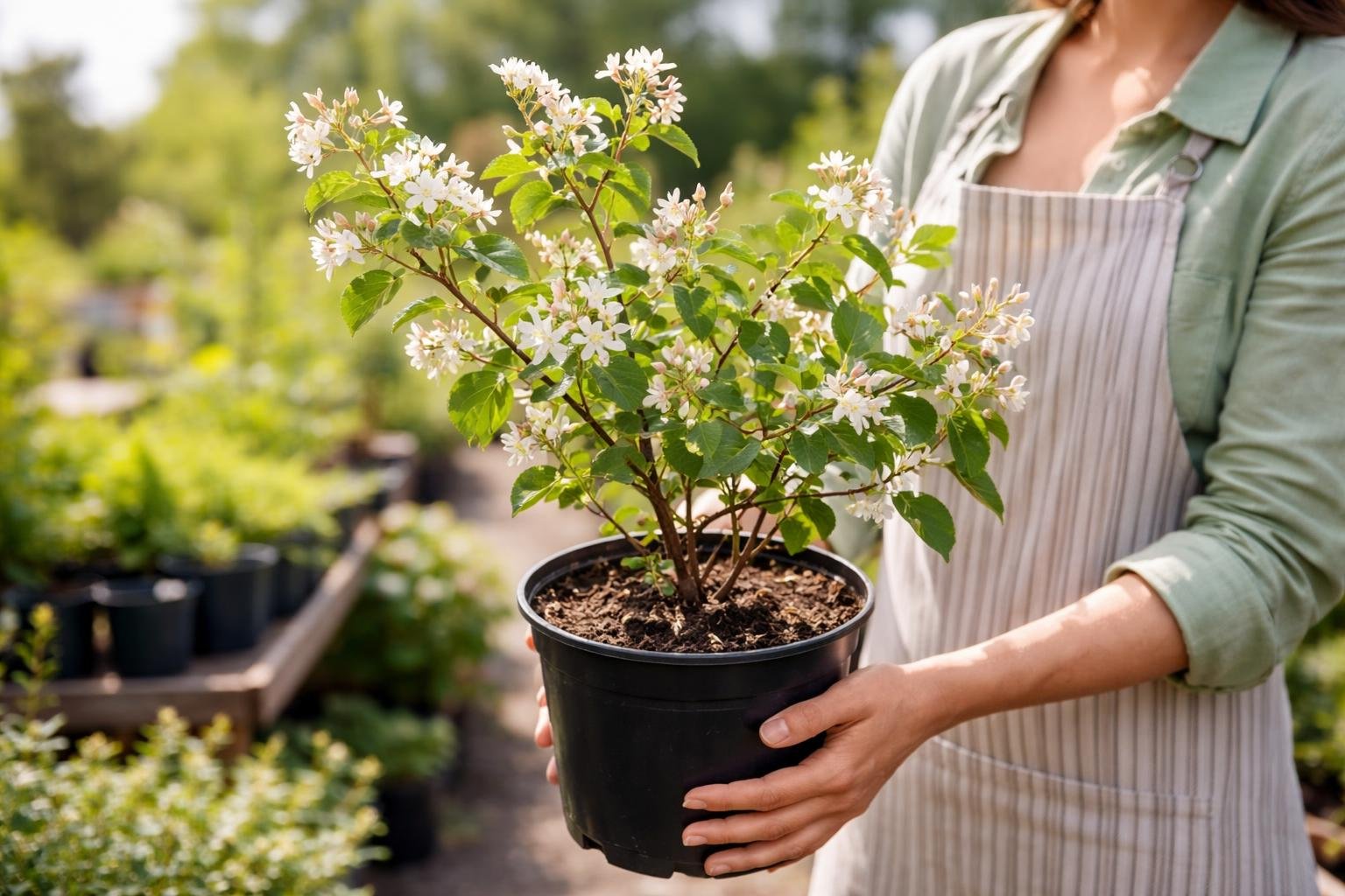 Eine blühende Felsenbirne in einem Topf, gehalten von einer Person im Garten.