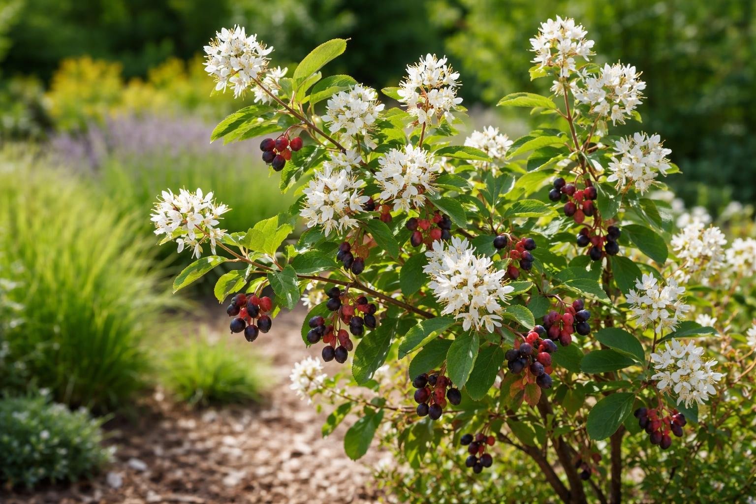 Blühende Felsenbirne mit weißen Blüten und reifen, bunten Früchten im Garten.