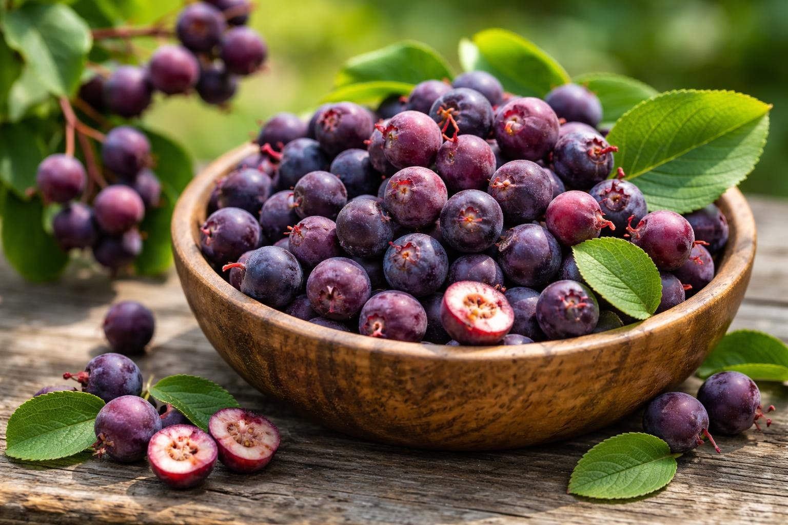 Eine Schüssel mit frischen Felsenbirnen, einige halbiert, um das Innere zu zeigen.