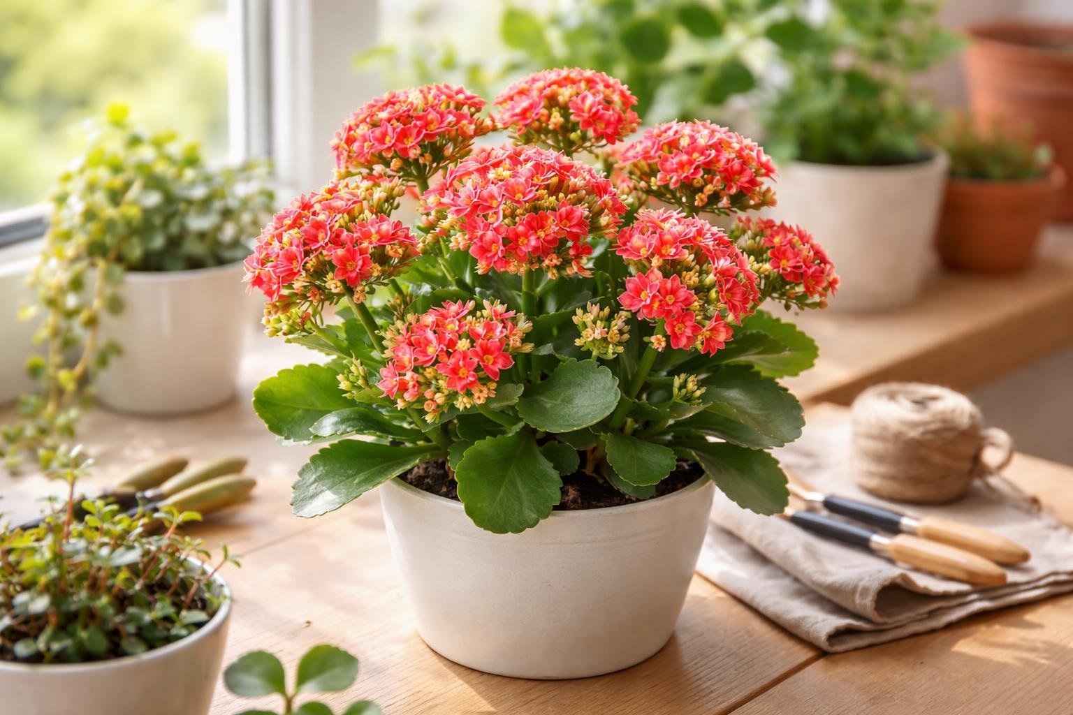 Eine blühende Kalanchoë blossfeldiana mit leuchtend roten Blüten in einem Topf.