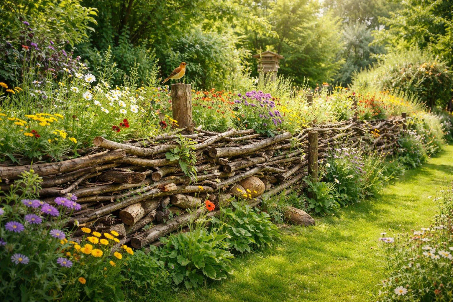 Eine Benjeshecke aus Ästen, umgeben von bunten Blumen und einem Vogel.