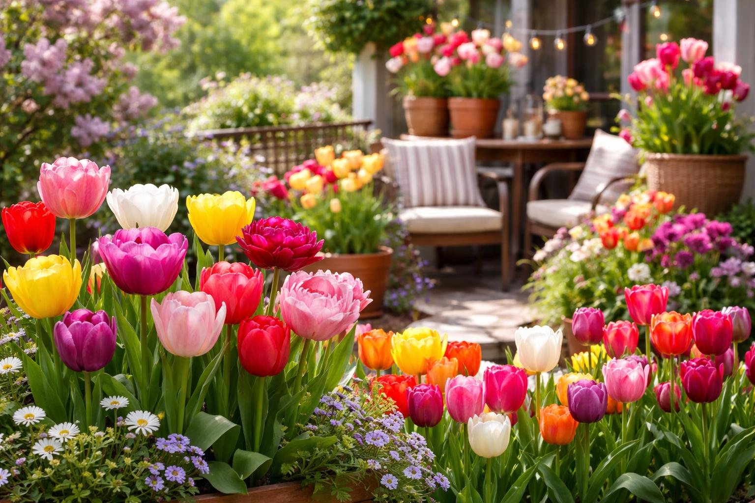 Bunte Tulpen in verschiedenen Farben blühen im Garten und auf dem Balkon.