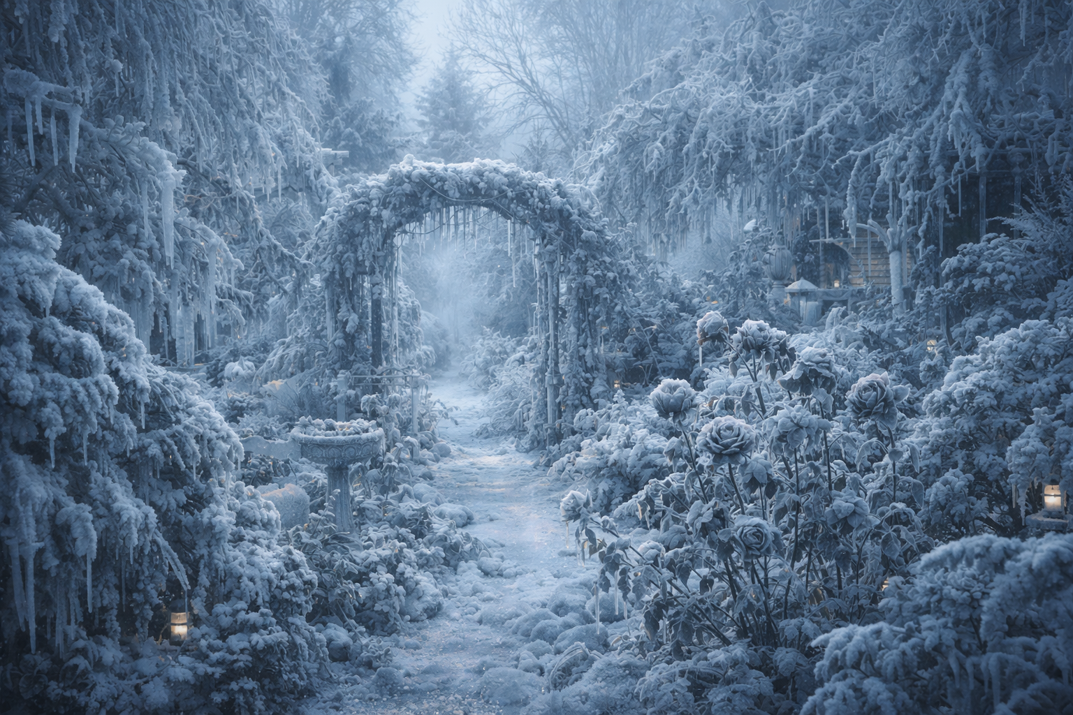 Ein winterlicher Garten mit schneebedeckten Pflanzen und Frost an einem Bogen.