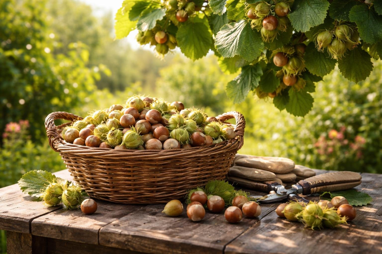 Ein Korb voller frischer Haselnüsse auf einem Holztisch im Garten.