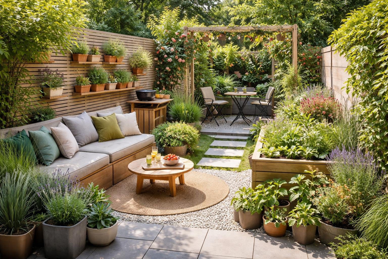 Ein kleiner Garten mit gemütlicher Sitzecke, Pflanzen und einem Essbereich.