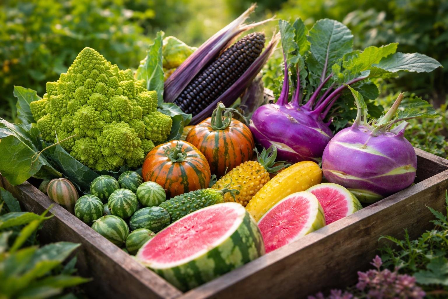Eine Auswahl an ungewöhnlichem Gemüse in einer Holzkiste, darunter lila Karotten und bunte Kürbisse.