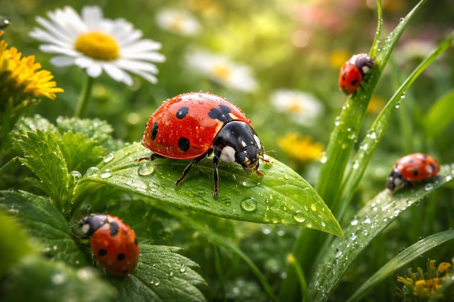 Ein Marienkäfer sitzt auf einem Blatt, umgeben von Wassertropfen und bunten Blumen.