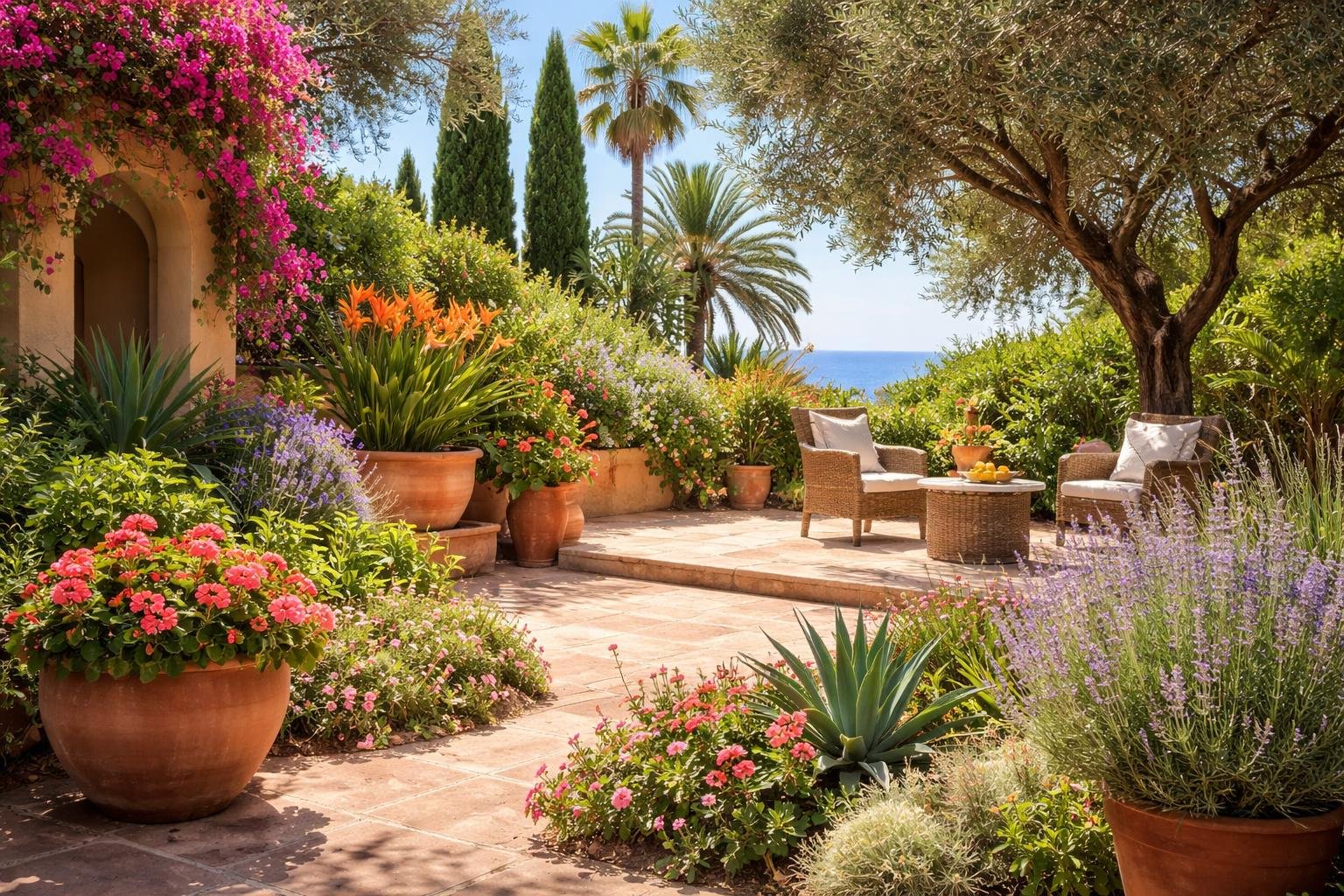 Ein mediterraner Garten mit bunten Blumen, Olivenbaum und Terrassenmöbeln.