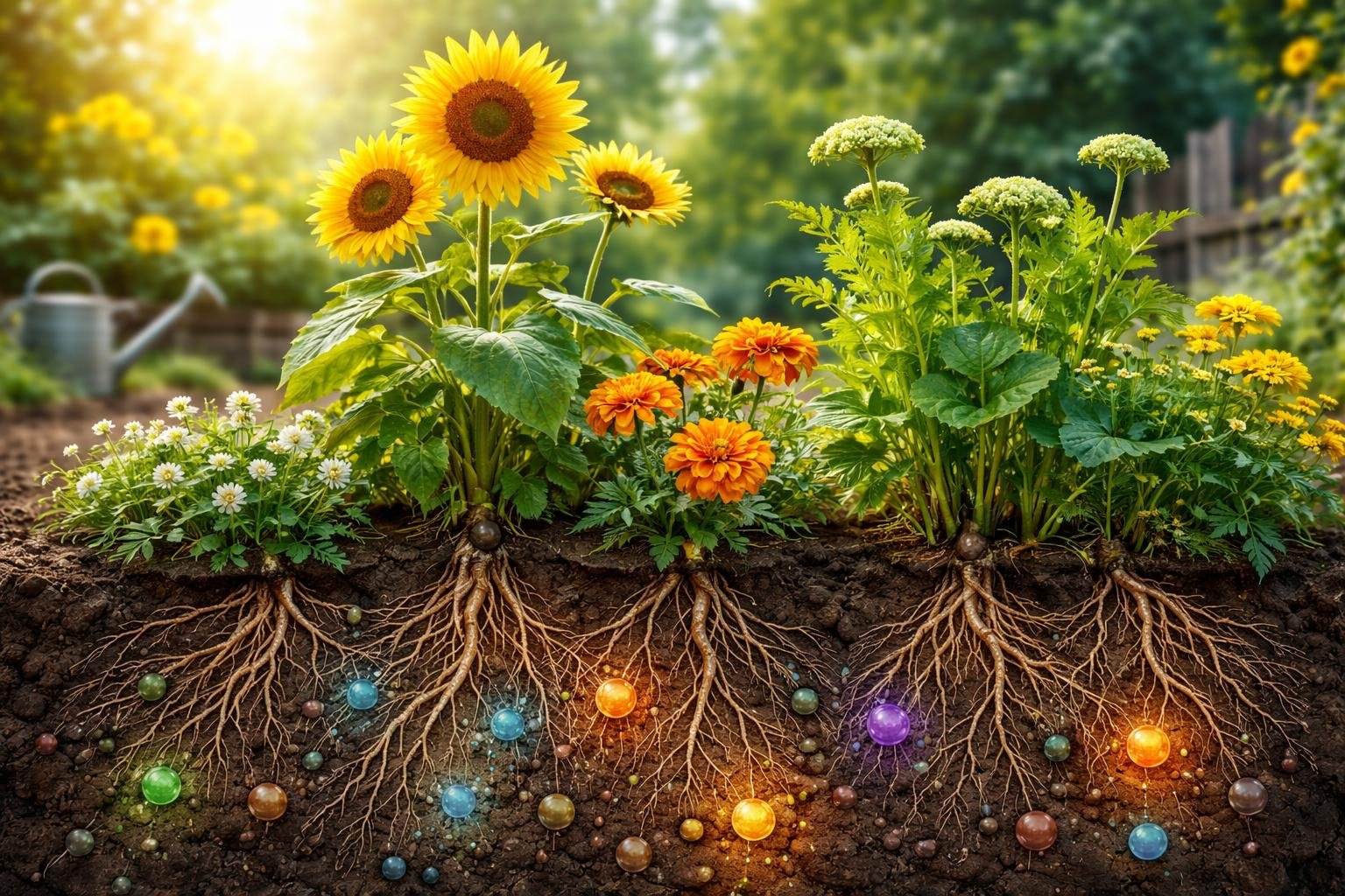 Bunte Blumen und Sonnenblumen mit sichtbaren Wurzeln im Gartenboden.