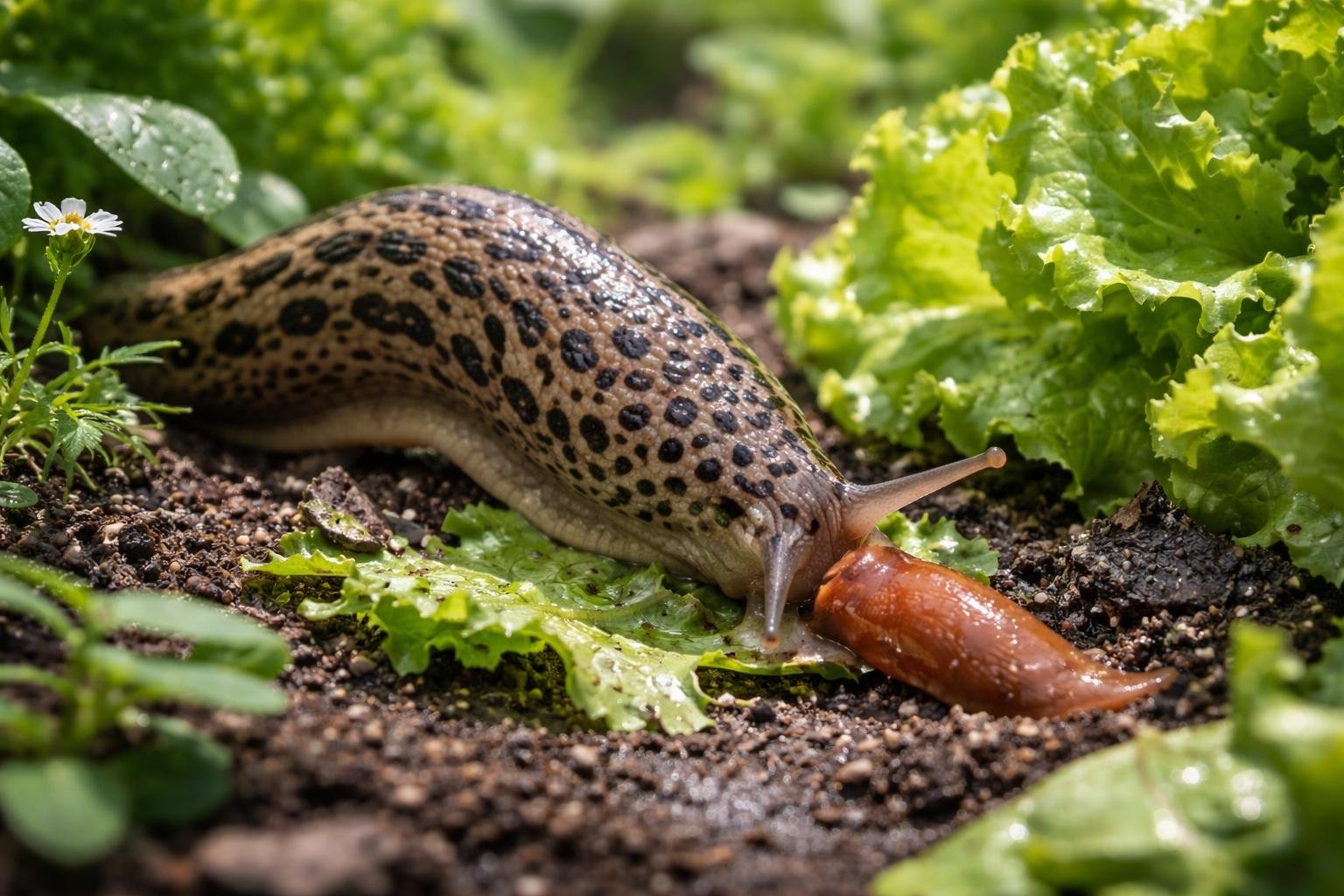 Eine Tigerschnegel frisst eine Nacktschnecke auf einem Blatt im Garten.