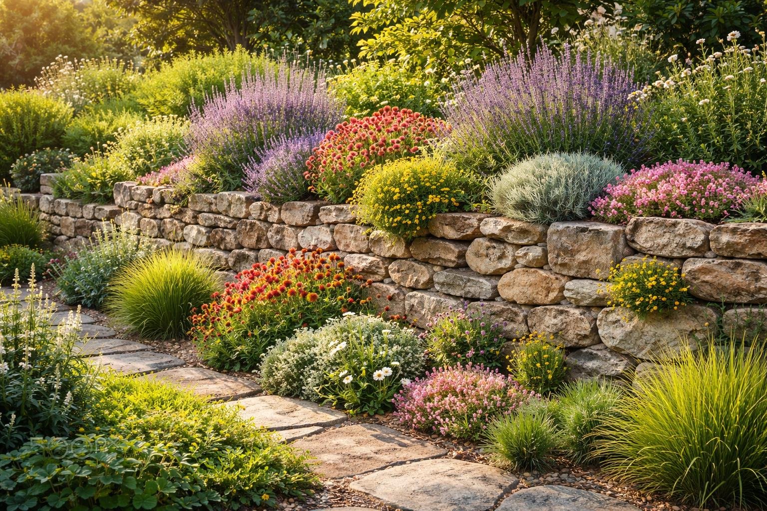 Eine Trockenmauer mit bunten Pflanzen und Kräutern im Garten.