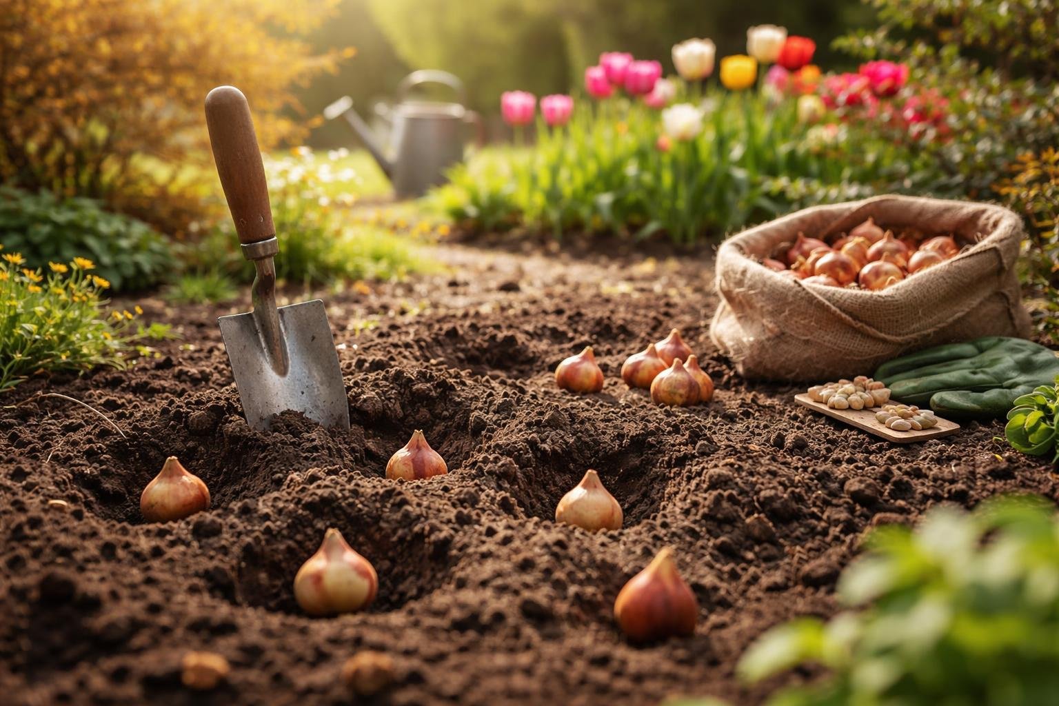 Eine Schaufel steckt im Boden, umgeben von Tulpenzwiebeln und frischen Pflanzen.