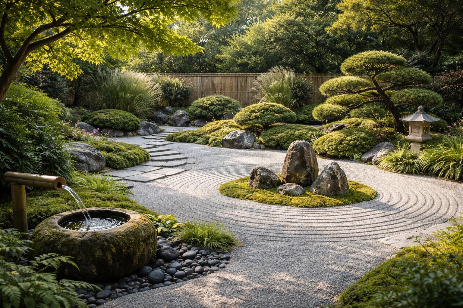 Ein ruhiger Zen-Garten mit Kies, Steinen und Pflanzen, ideal zum Entspannen.