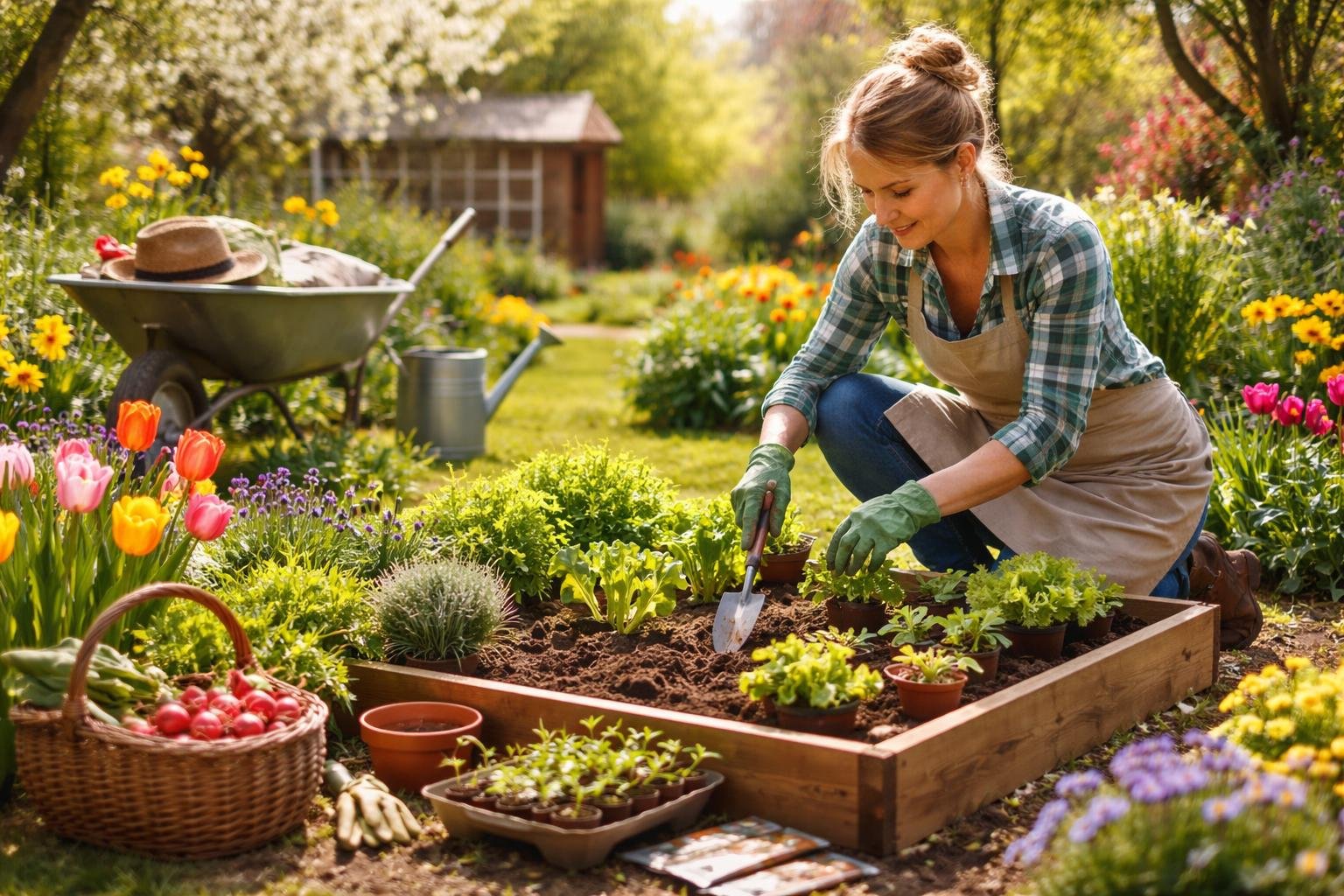 Eine Gärtnerin pflanzt frische Kräuter und Gemüse in einem Hochbeet.