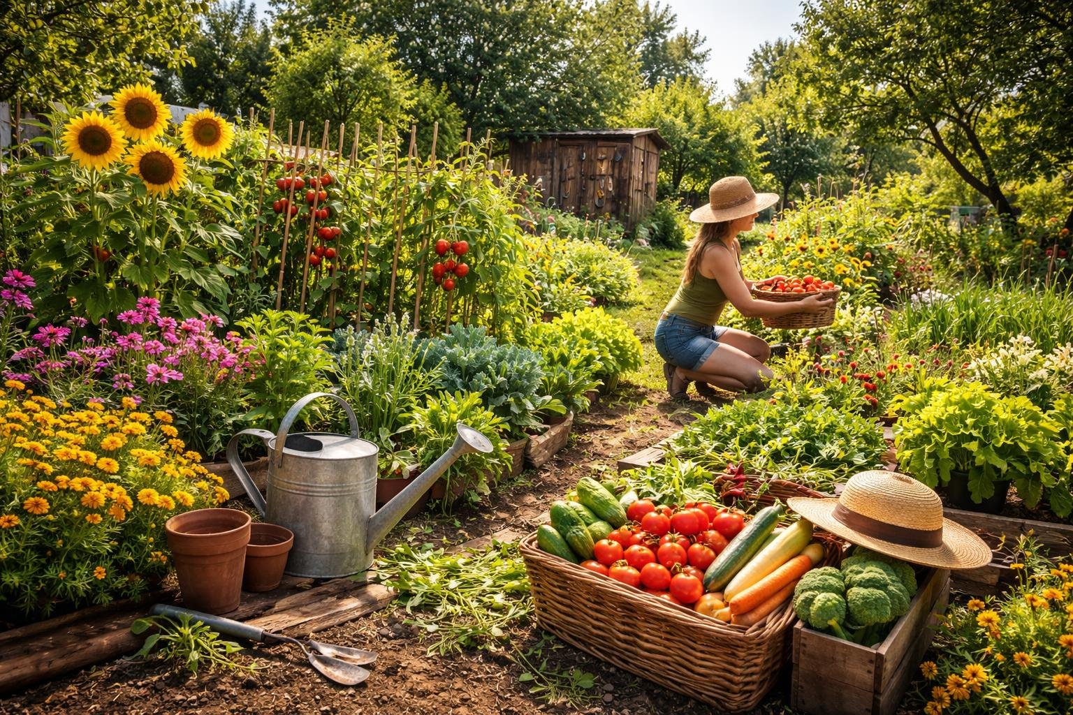 Eine Frau erntet frisches Gemüse und Blumen in einem bunten Garten im August.