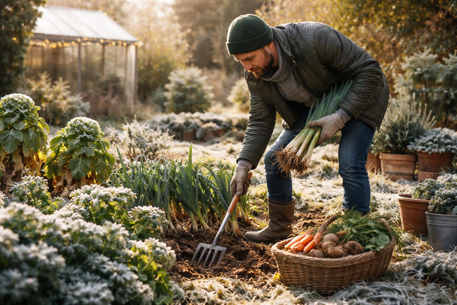 Ein Gärtner erntet frische Frühlingszwiebeln im frostigen Garten.