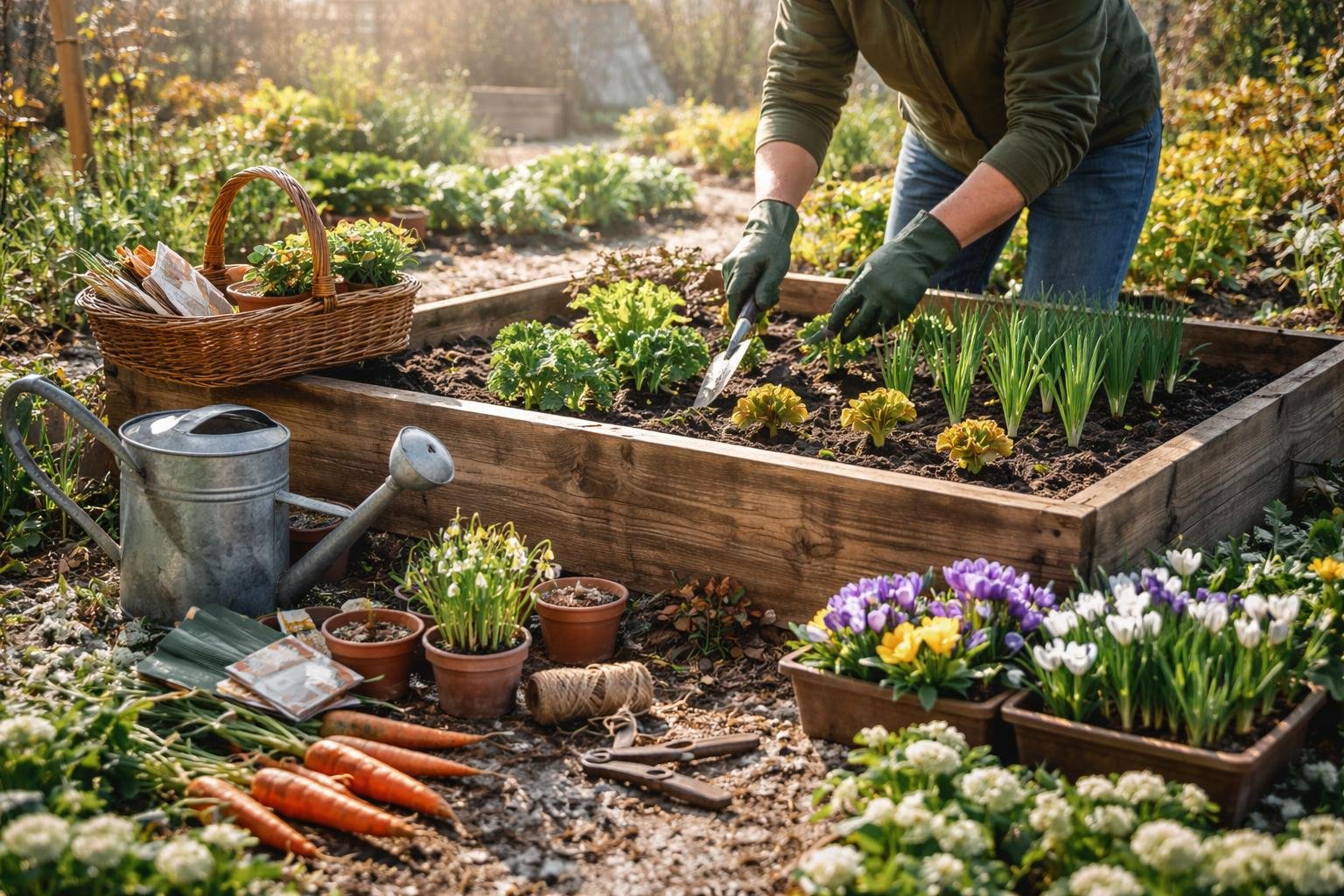 Ein Gärtner bearbeitet das Gemüsebeet mit frischen Pflanzen im Februar.