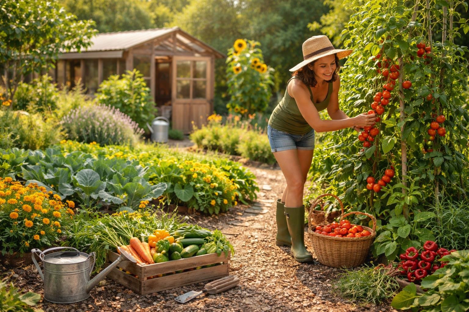 Eine Gärtnerin erntet frische Tomaten in einem bunten Garten im Juli.