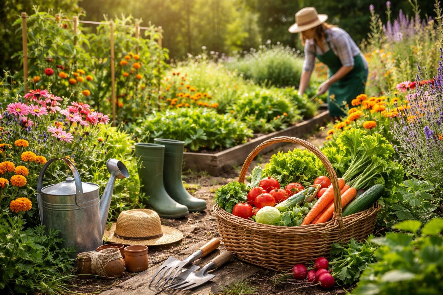 Eine Person arbeitet im Garten mit bunten Blumen und frischem Gemüse.