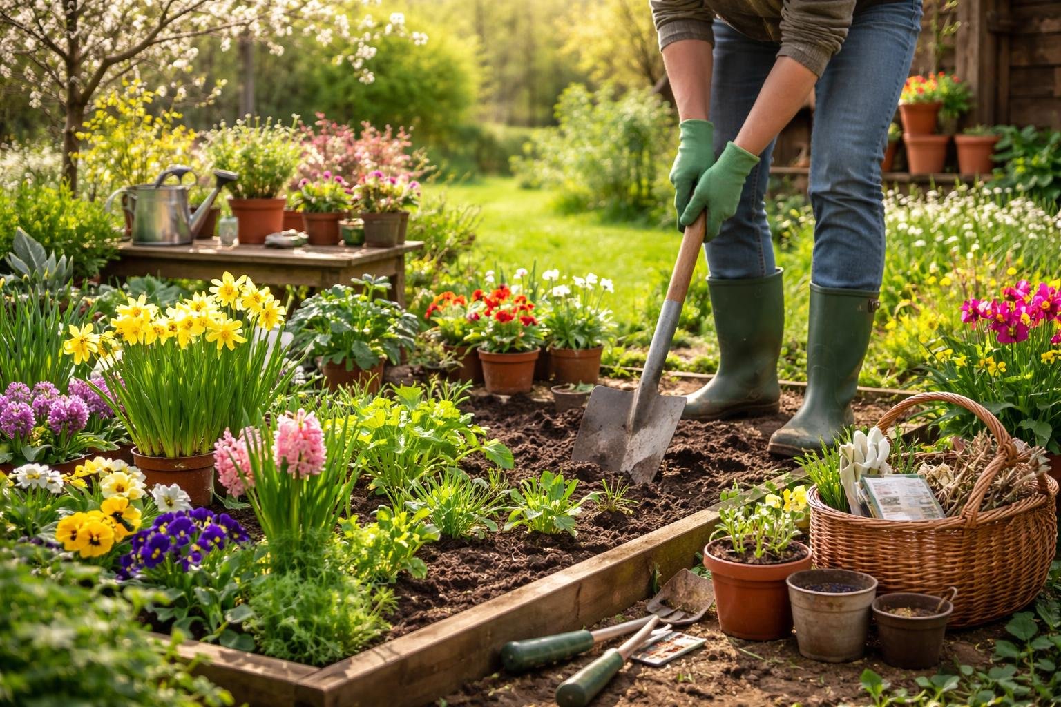 Eine Person gräbt in einem bunten Garten mit verschiedenen Blumen und Pflanzen.