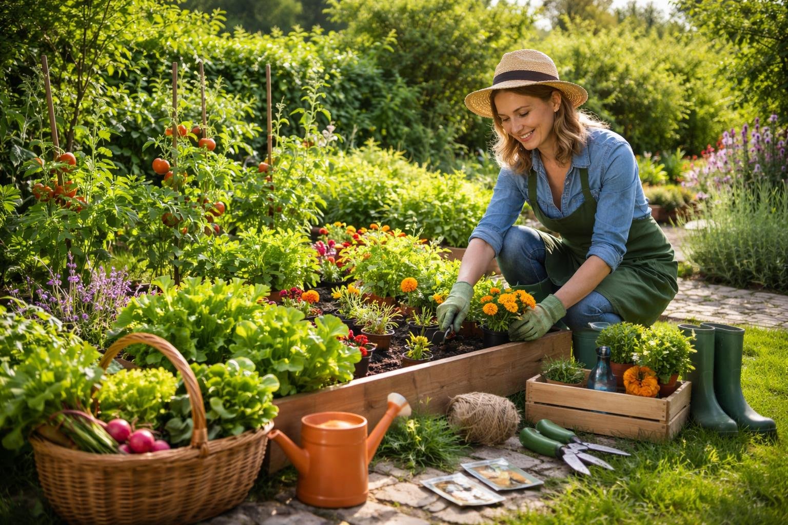 Eine Frau pflanzt bunte Blumen in einem Gartenbeet im Mai.