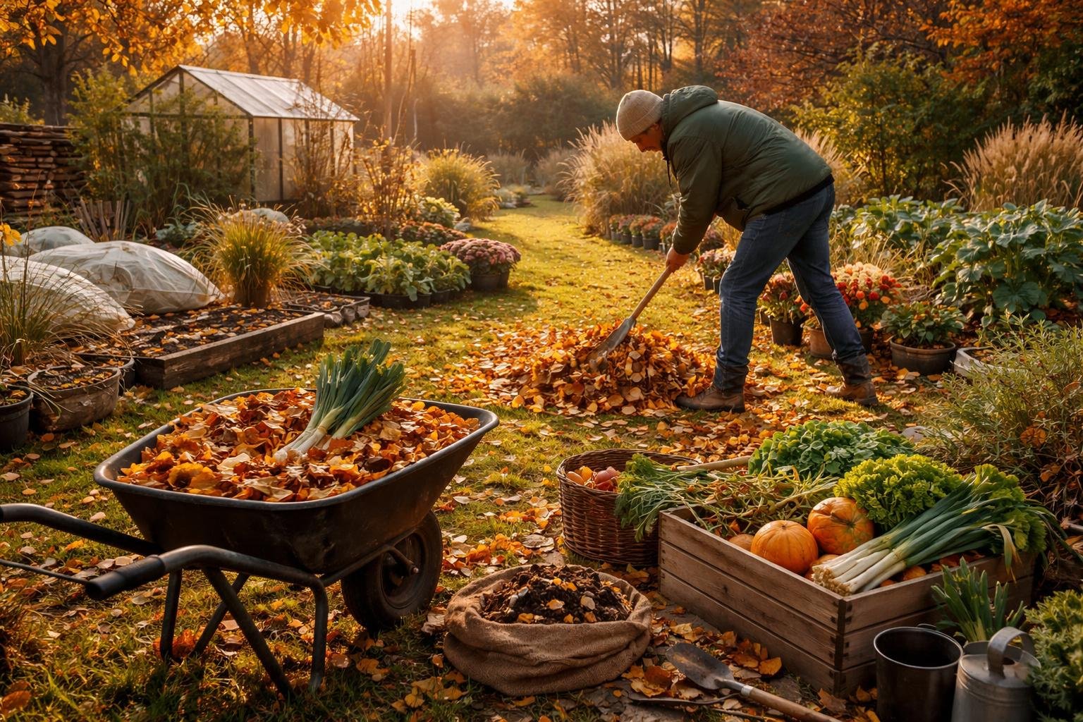 Ein Gärtner arbeitet im November im Garten, während er Laub zusammenrechnet.