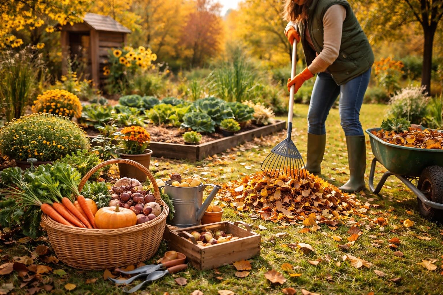 Eine Gärtnerin räumt im Oktober Laub im Garten auf, um die Beete winterfest zu machen.