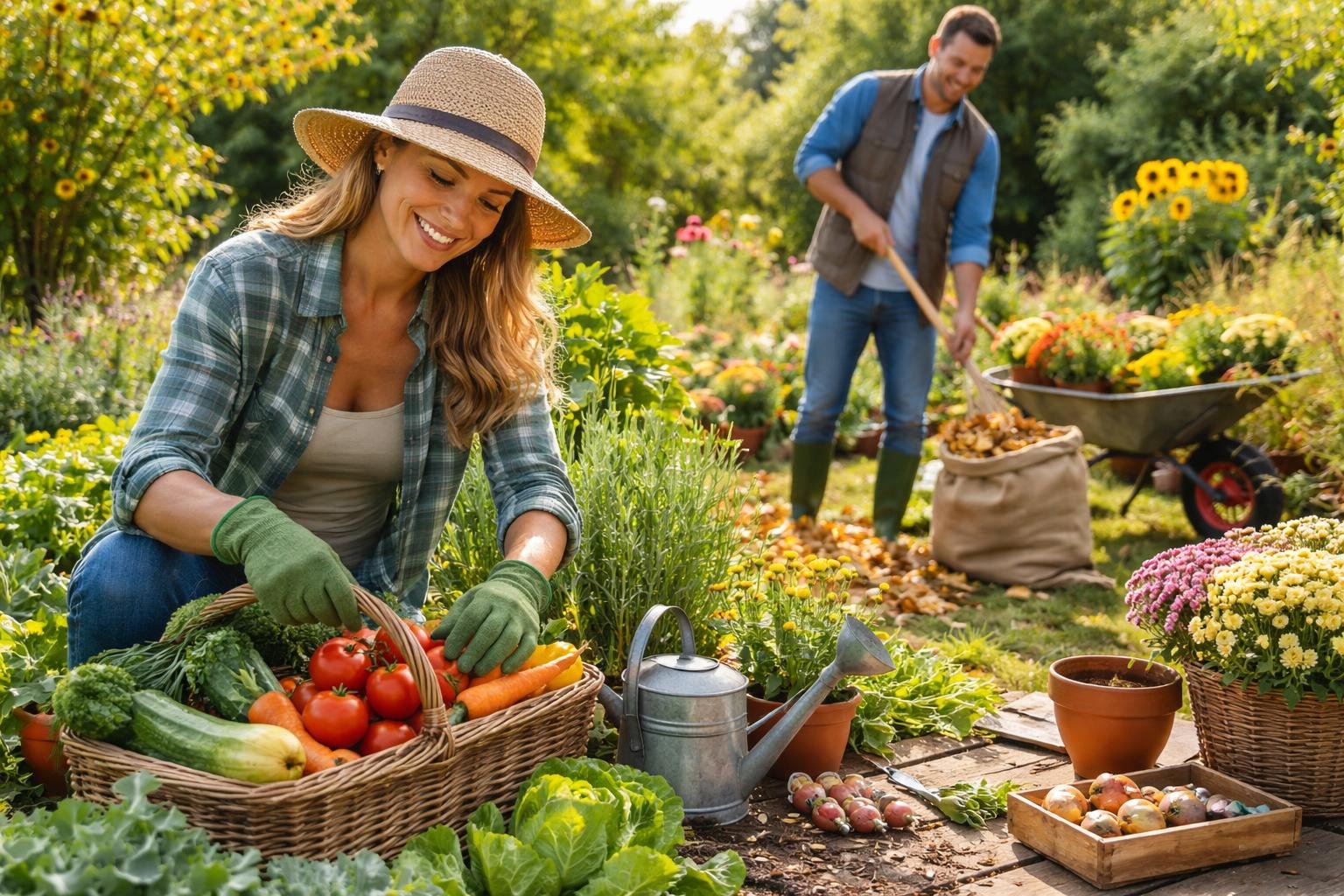 Eine Frau erntet frisches Gemüse im Garten, während ein Mann Laub aufharkt.