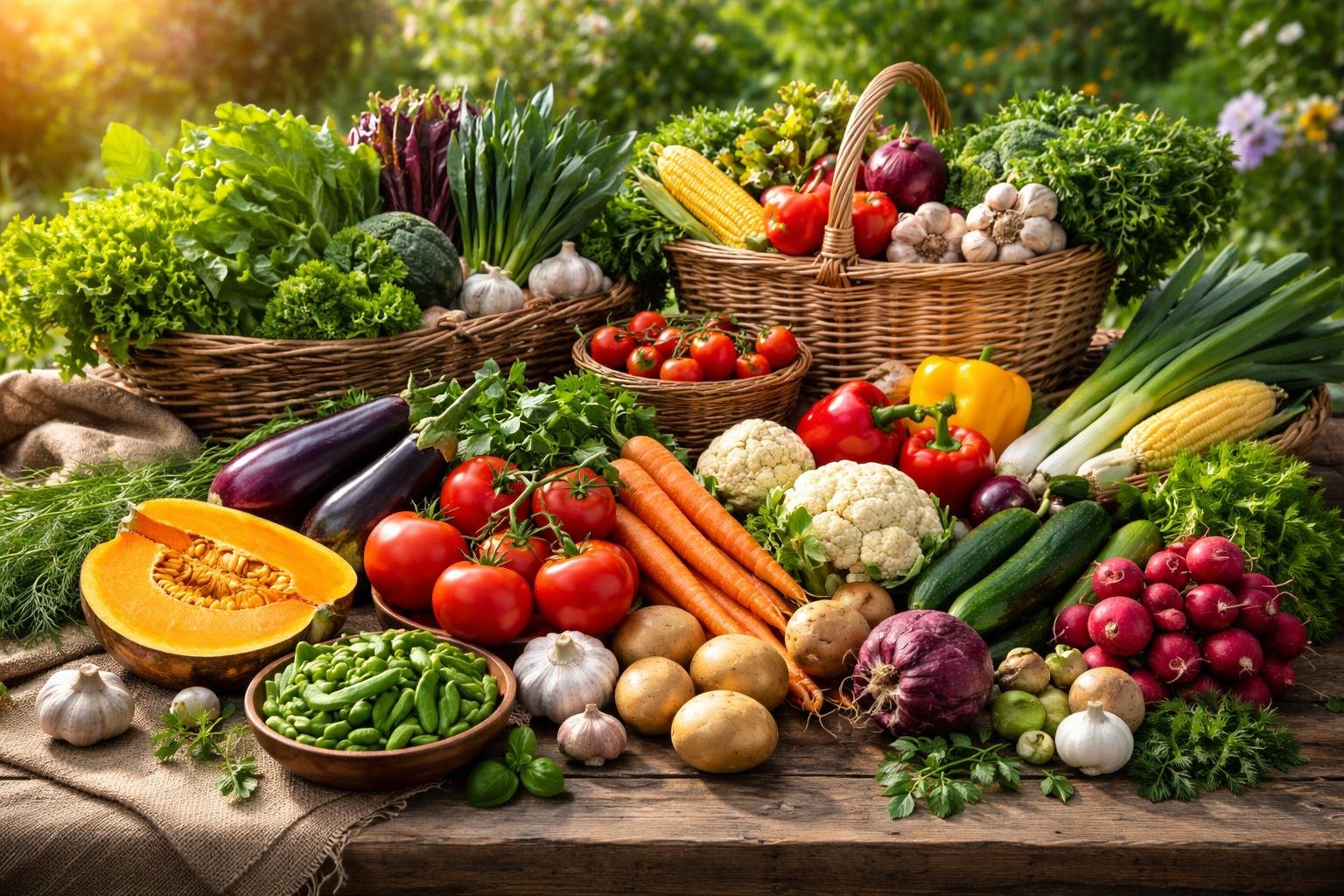 Bunte Auswahl an frischem Gemüse auf einem Holztisch im Garten.