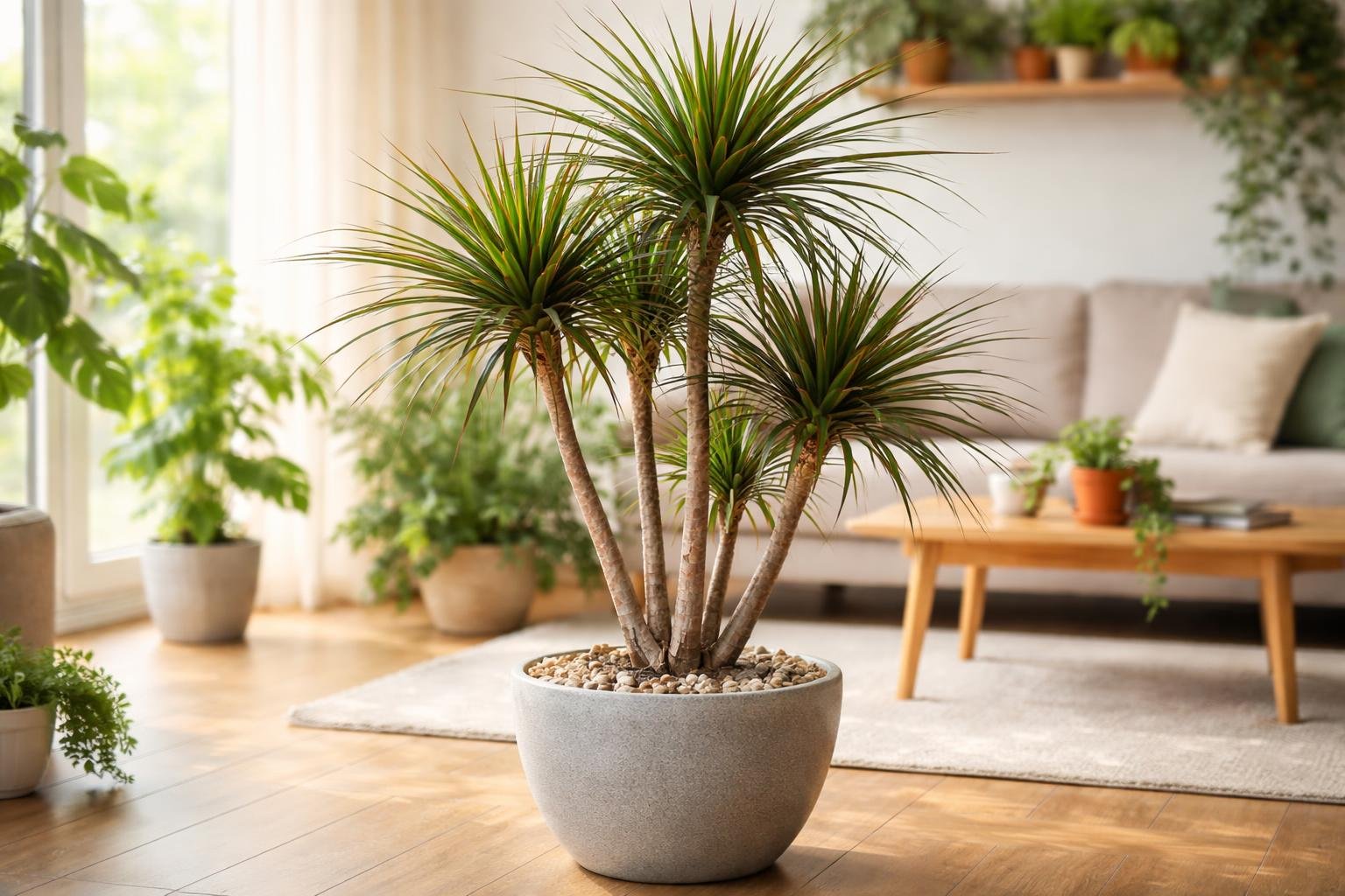 Ein gerandeter Drachenbaum in einem modernen Wohnzimmer mit Pflanzen.