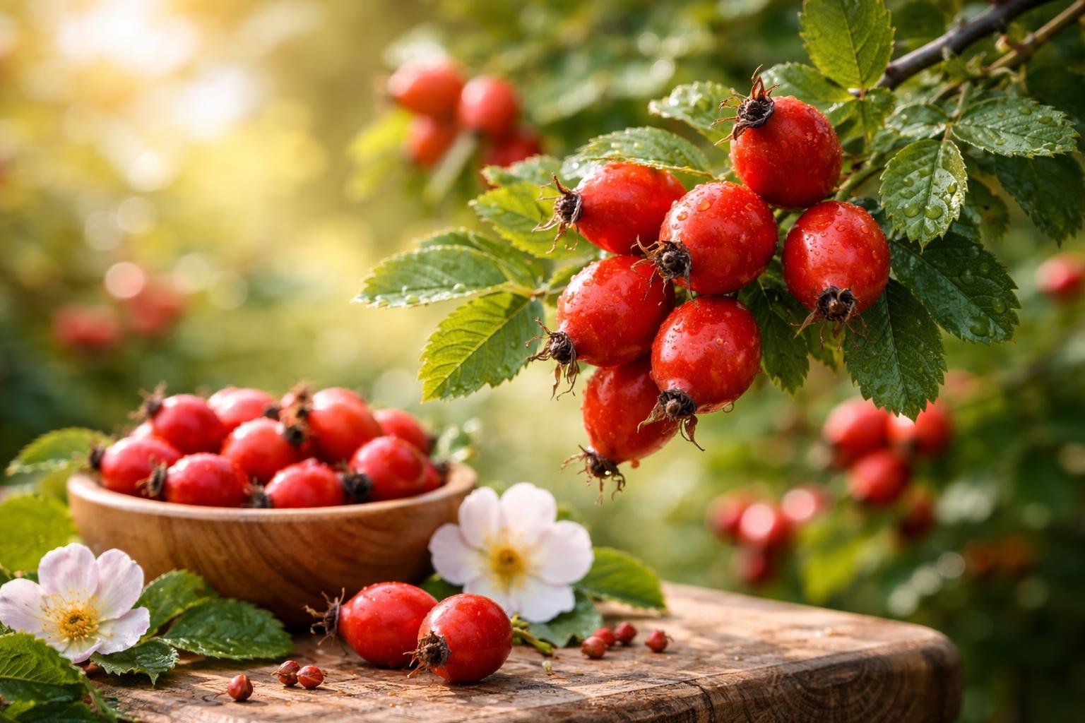 Reife Hagebutten hängen an einem Zweig, daneben eine Schüssel mit weiteren Früchten.