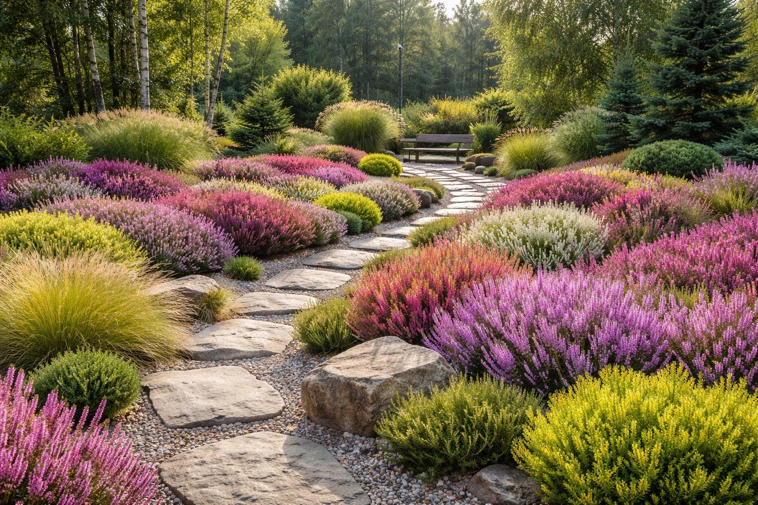 Bunte Heidepflanzen in einem gepflegten Garten mit Steinweg.