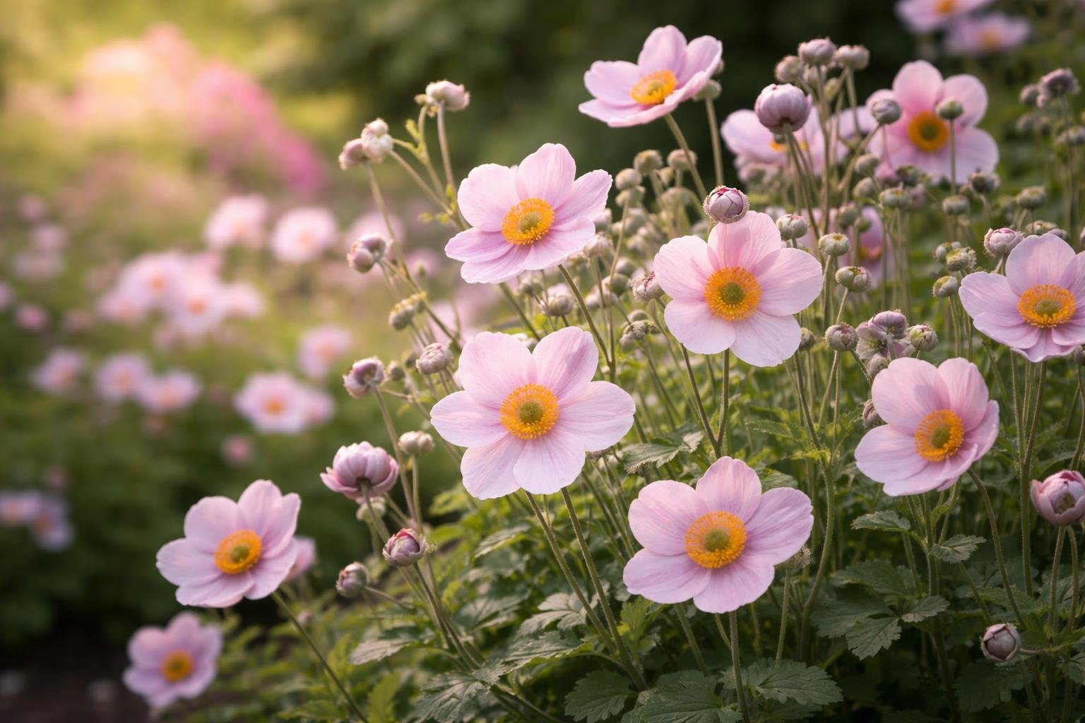Zarte Herbstanemonen mit rosa Blüten und gelben Staubgefäßen im Garten.