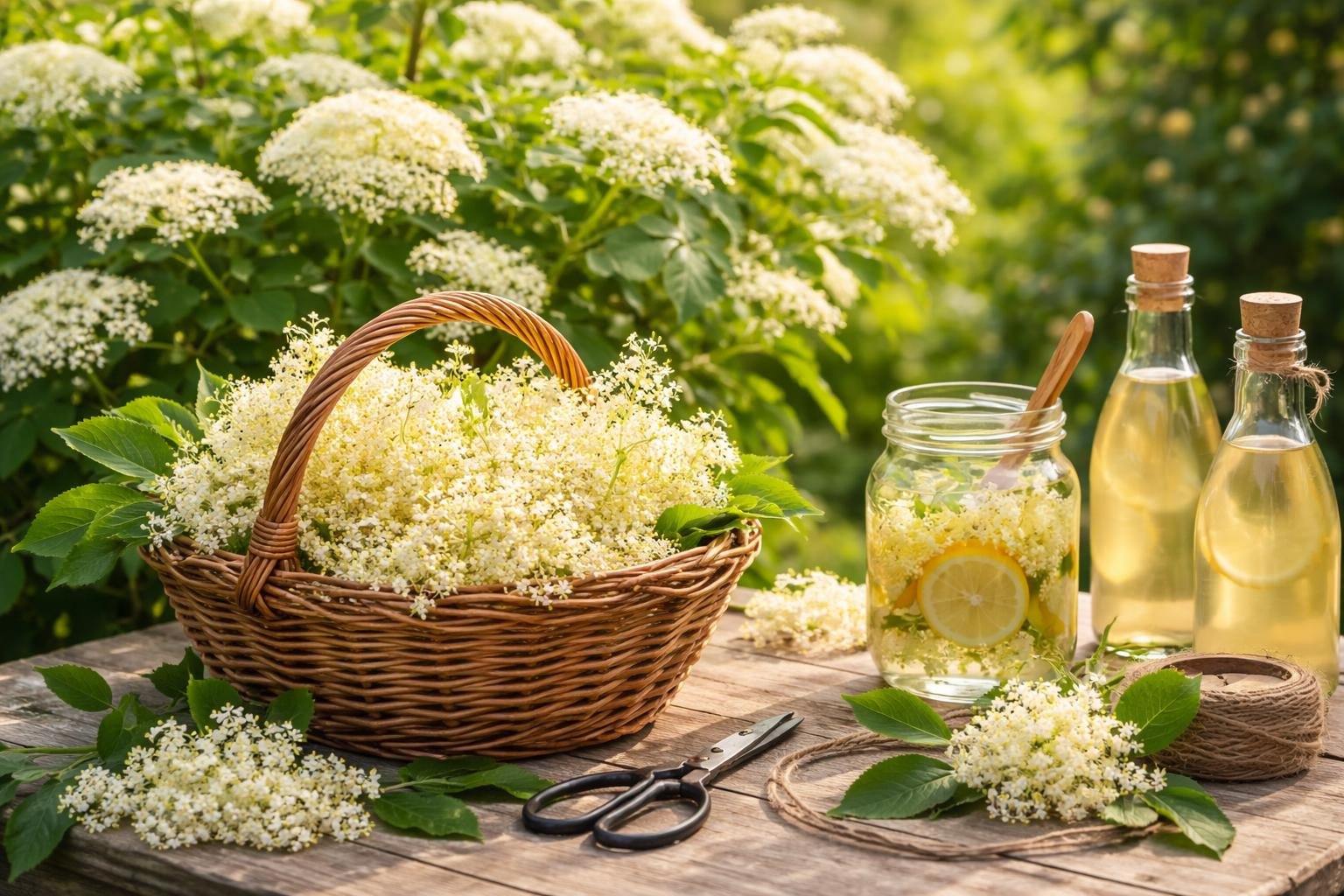 Ein Korb voller Holunderblüten steht auf einem Tisch, umgeben von frischen Blüten und Flaschen.